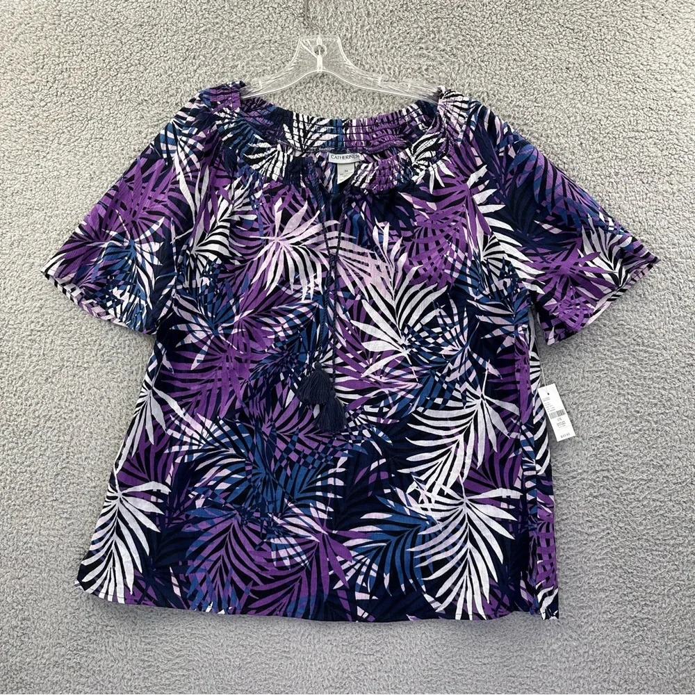 NWT Catherines Short Sleeve V Neck Tasseled Blouse Shirt 100% Cotton‎ Palms 0X